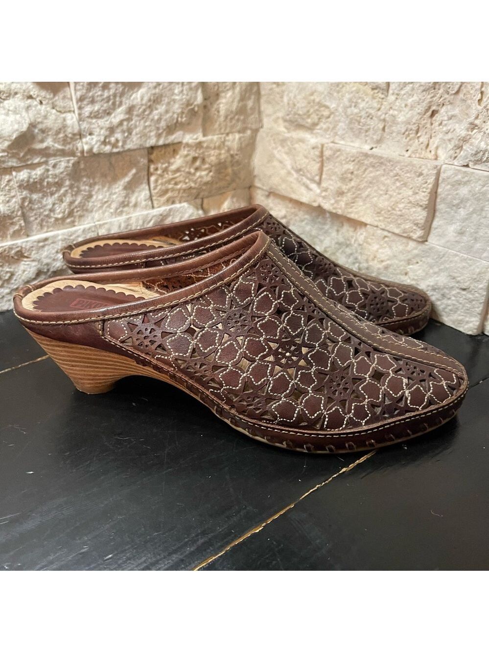 Pikolinos Leather Mules Geometric Design Brown Small Heel Sz 37 / 7